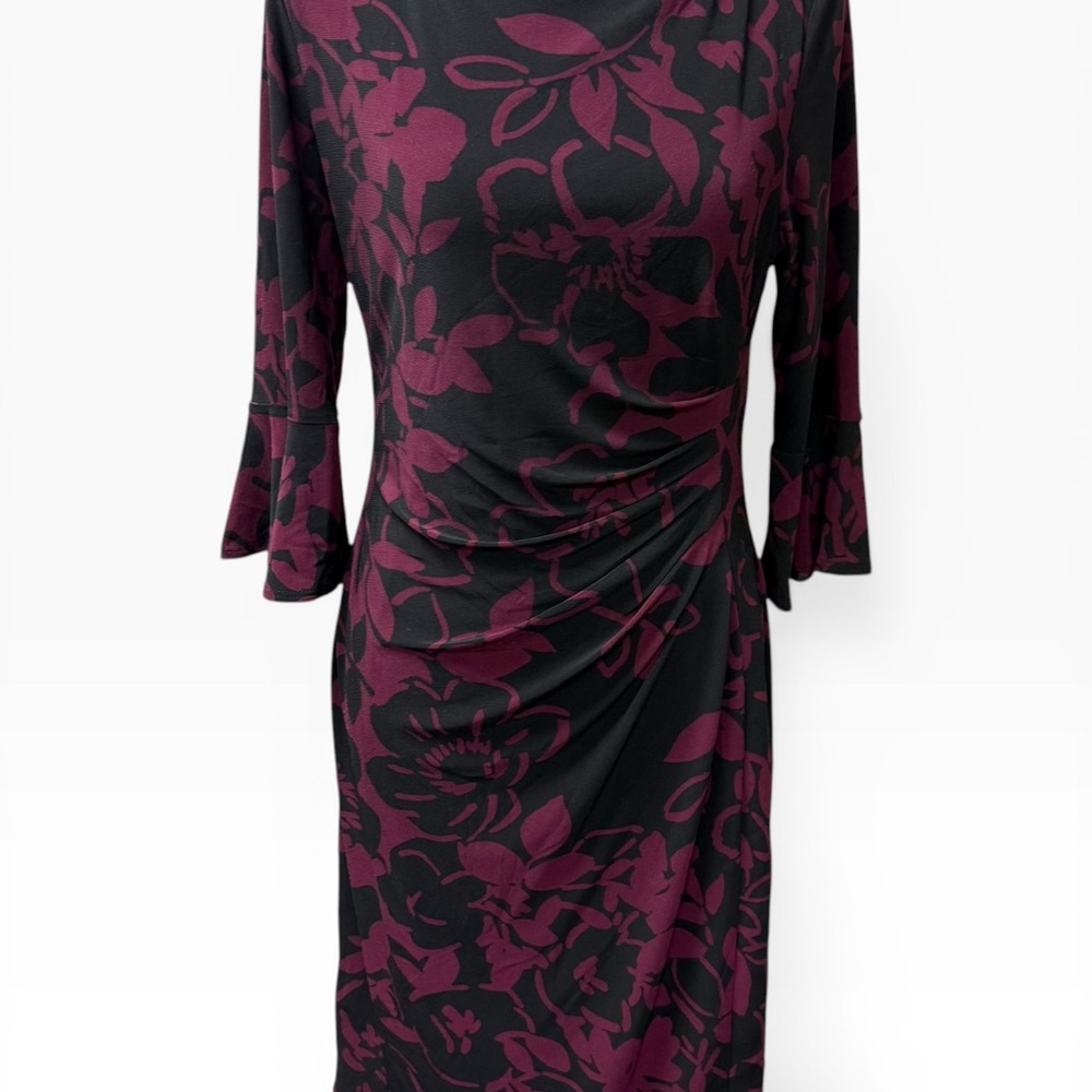 Lauren Ralph Lauren Black Burgundy Floral Ruched Sheath Dress Size 10 - Picture 2 of 10